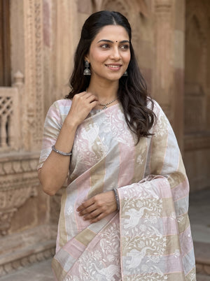 Tissue Silk Pastel Striped Saree with Elephant Floral Embroidery