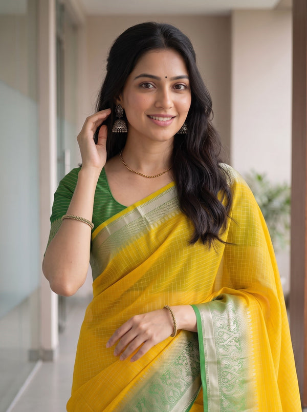 Chanderi Cotton Golden Yellow Check Weave Saree with Green Ornate Zari Pallu