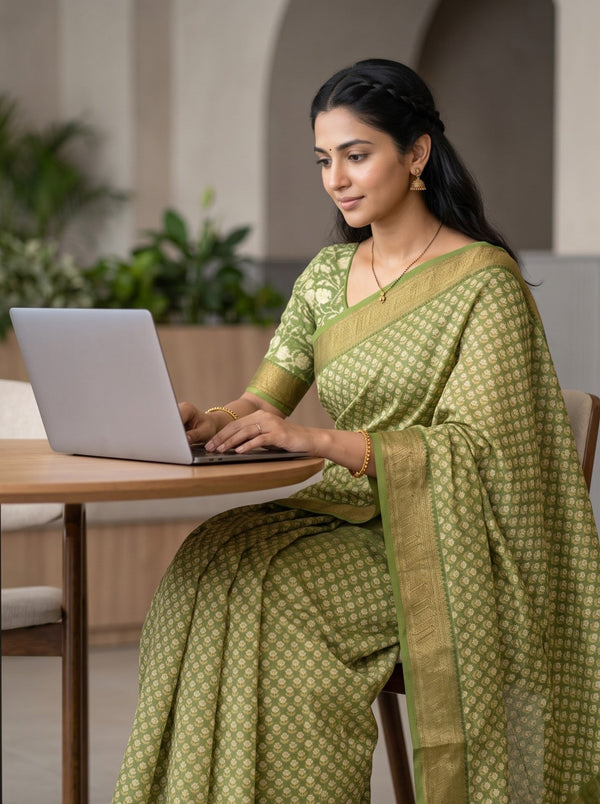 Pure Chanderi Green Saree with Golden Floral Butta Print