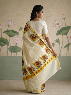 Tissue Cream Sunflower Motif  Onam Special Kerala Saree with Golden Border