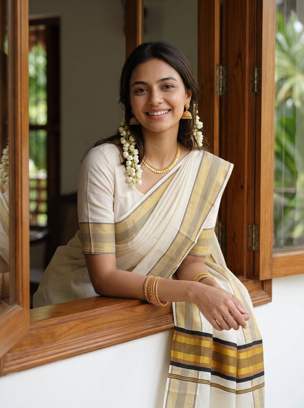 A woman wearing a cream and mustard yellow striped saree with gold jewelry, leaning on a wooden window frame.