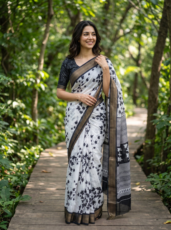 Polycotton White Black Maple Leaf Print Saree with Greek Key Chevron Border Pallu