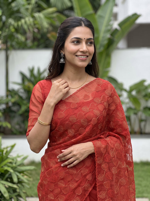 Organza Red Allover Golden Thread Heart Leaf Vine Embroidered Scalloped Edge Saree