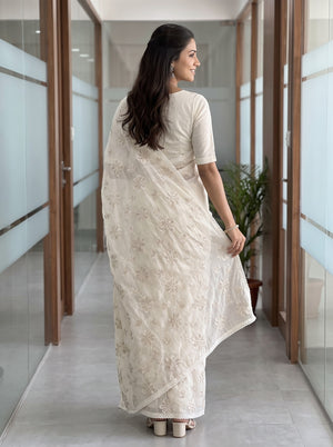 Mul Chanderi Off White Floral Embroidered Saree