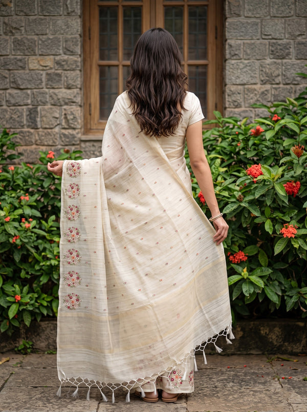 Net Kota Beige Multicolor Floral Bouquet Border Saree