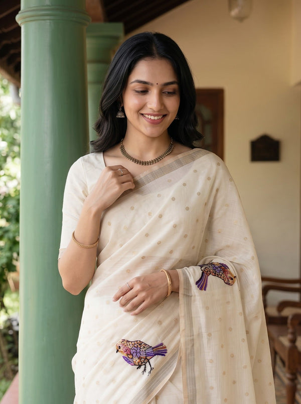 Kota Doria Off White Multicolour Bird Motif Saree with Golden Border