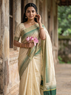 Tissue Cream Golden Green Peacock Motif with Gold Zari Border Onam Special Kerala Saree