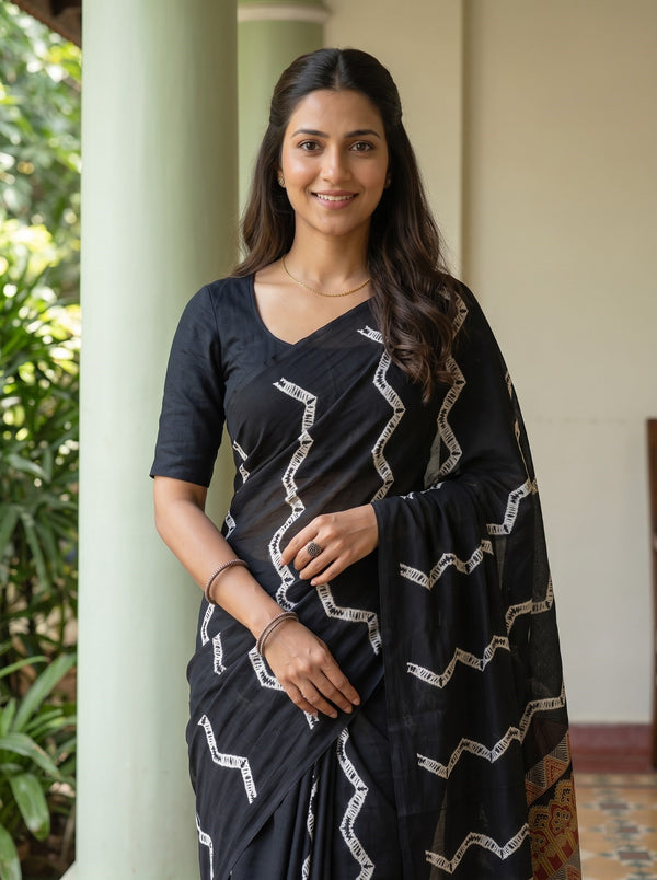 Cotton Black Saree with Multicolor Traditional Motif Printed Pallu