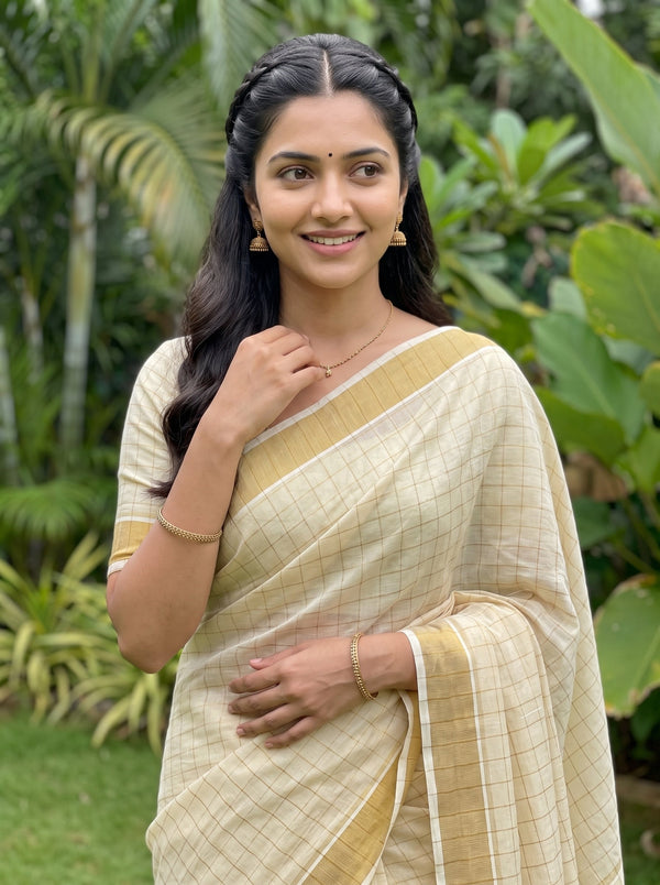 Tissue Cream Golden Striped Border Kerala Saree with Crochet Tassels