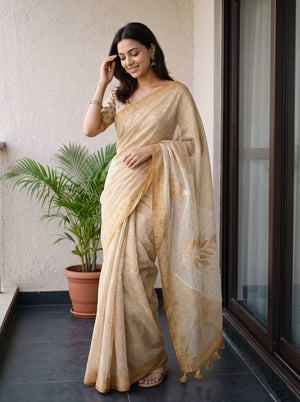 Net Kota Mustard-Tan Floral Vine Block Print Saree