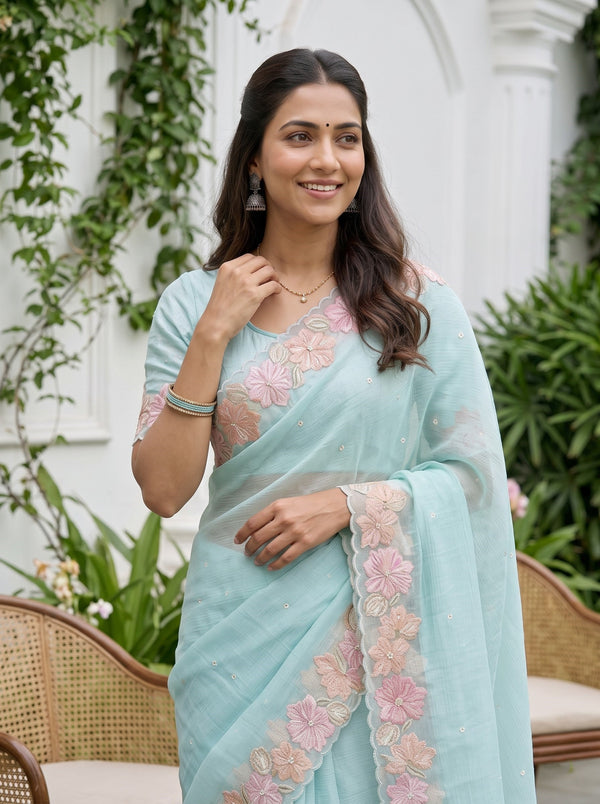 Organza Sea Blue Saree with 3D Floral Embellished Border