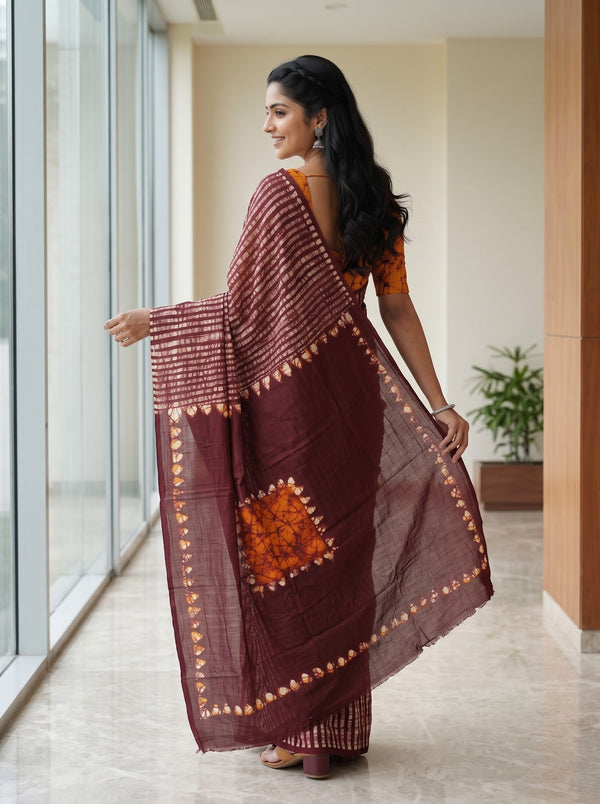 Modal Maroon Batik Crackle Print Saree