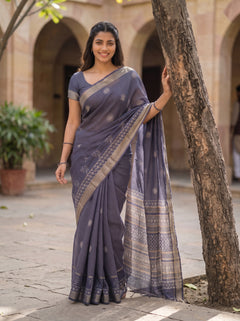 Cotton Silk Navy Blue Checkered Booti Saree with Zari Ikat Border