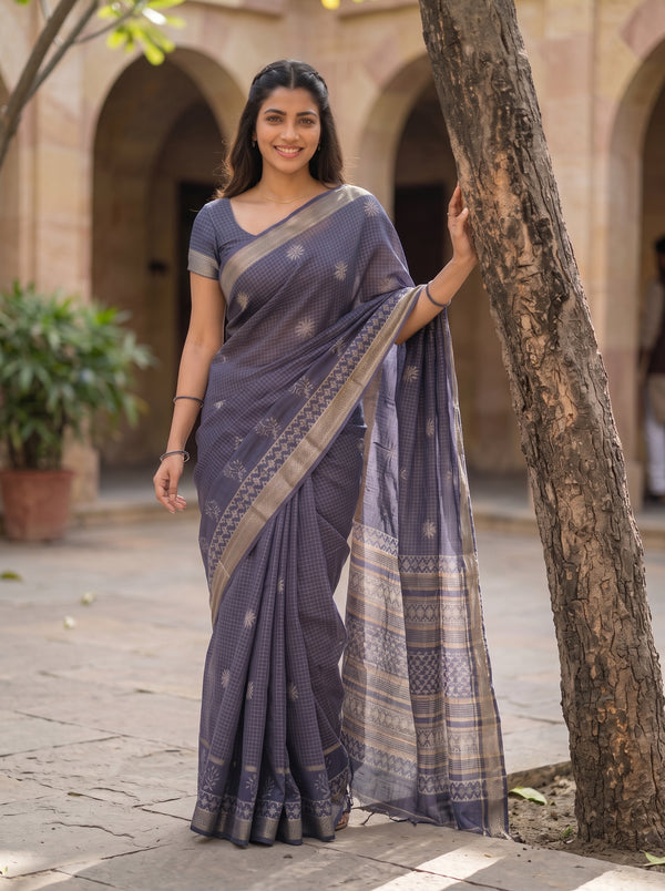Cotton Silk Navy Blue Checkered Booti Saree with Zari Ikat Border
