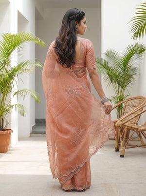 Tissue Soft Peach Floral Vine Sequin Saree