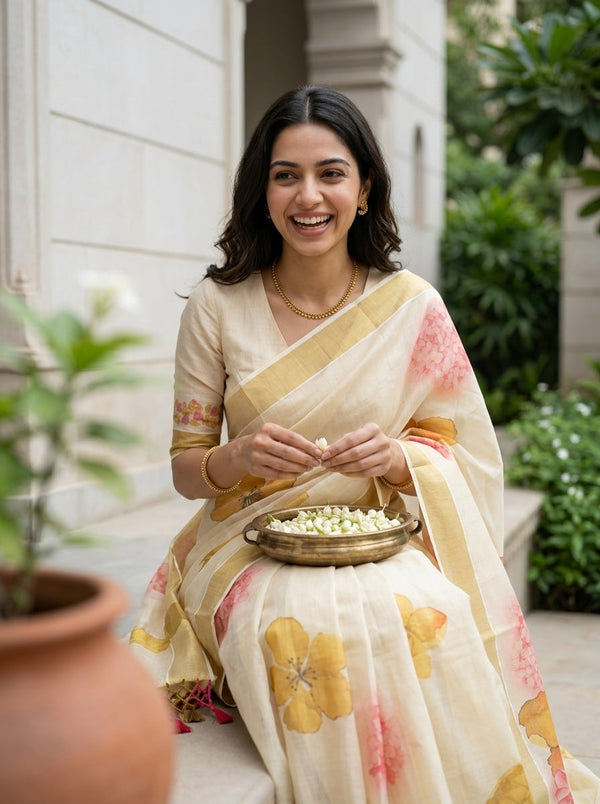 Tissue Cream Big Floral Watercolor Print Tassel Set Saree