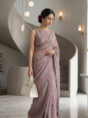 Organza Mauve Embroidered Floral Saree with Tasseled Pallu