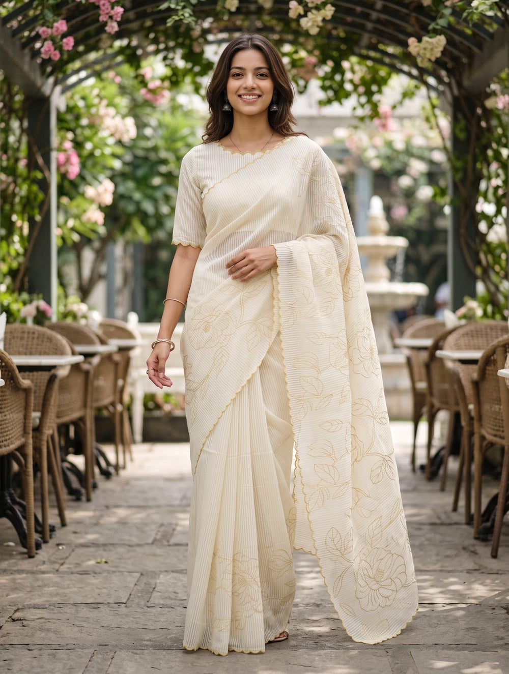 Mul Chanderi Silk White Allover Yellow  Camellia Vine Embroidery Saree