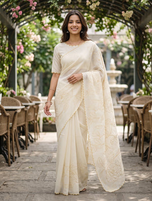 Mul Chanderi Silk White Allover Yellow  Camellia Vine Embroidery Saree