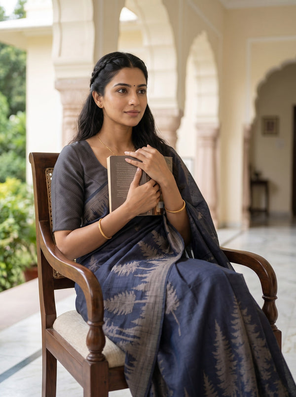 Matka Silk Navy Blue Fern Leaf Print Saree
