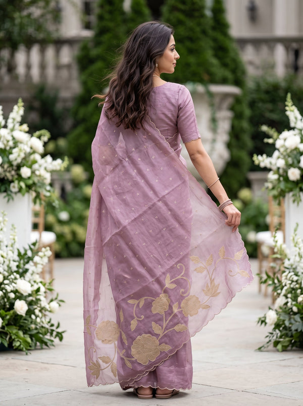 Organza Lilac Mauve Golden Rose Applique Vine Pallu Scalloped Edge Saree