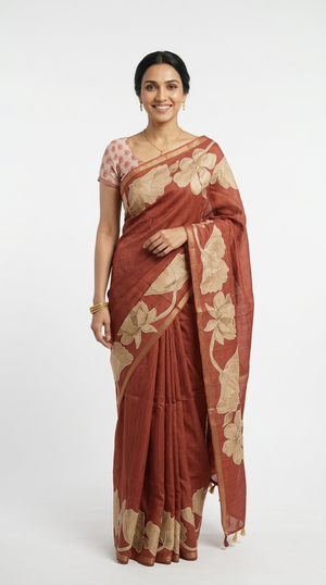 Cotton Rust Terracotta Floral Design Saree