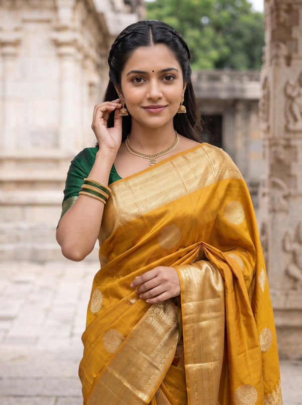 Kanjivaram Pure Silk Mustard Saree with Golden Zari Butta and Temple Border Pallu