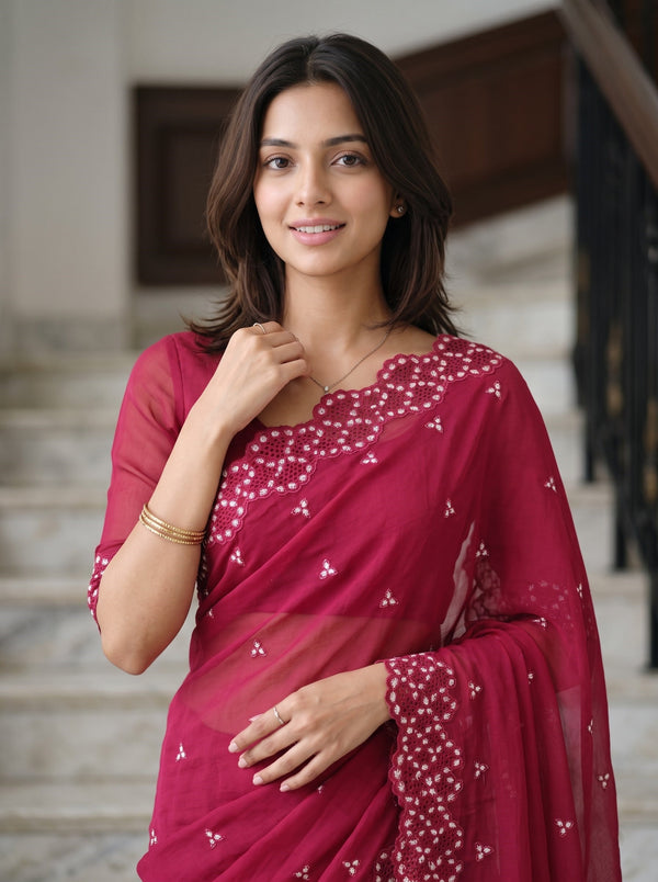 Mul Chanderi Red White Floral Sprig Cutwork Lace Border
