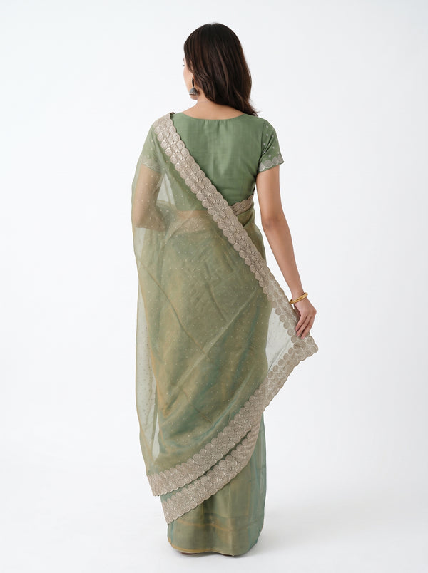 Shimmer Organza Sage Green Stone Studded Saree with Zari Scalloped Border