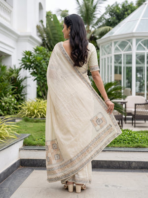 Organza Cream Block Print Patchwork Sequin Embroidered Pallu Saree