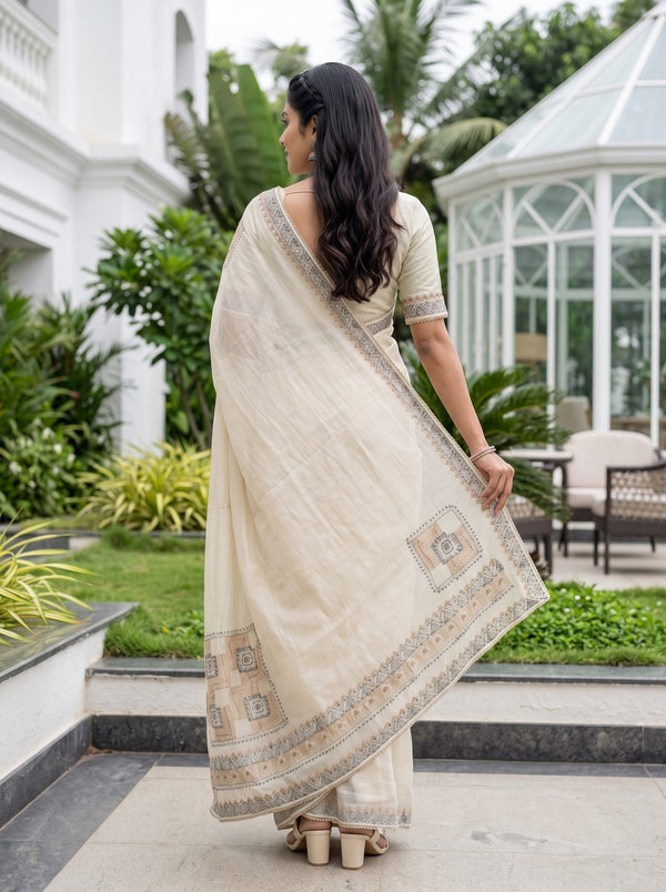 Organza Cream Block Print Patchwork Sequin Embroidered Pallu Saree