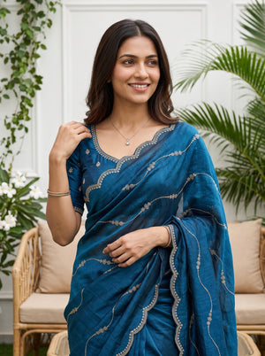 Chiffon Teal Blue Wavy stone Embellished Saree