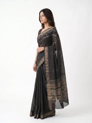 Cotton Silk Black Checkered Booti Saree with Zari Ikat Border