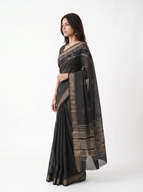 Cotton Silk Black Checkered Booti Saree with Zari Ikat Border
