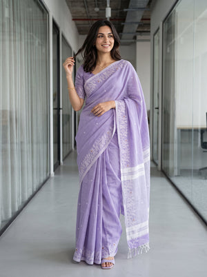 Cotton Lavender Lilac White Jamdani Woven Floral Vine Pallu Butta Saree
