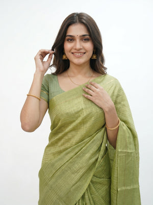 Semi Silk Pistachio Green Self Stripe Saree