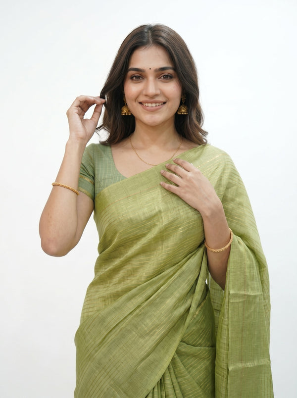 Semi Silk Pistachio Green Self Stripe Saree