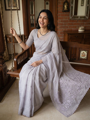 Kota Doria Lavender Self-Tone Floral Vine Border Saree