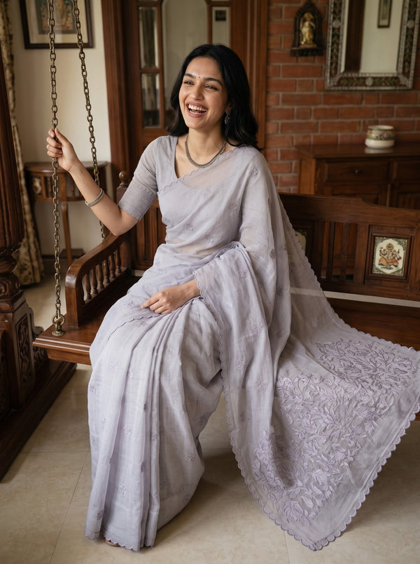 Kota Doria Lavender Self-Tone Floral Vine Border Saree