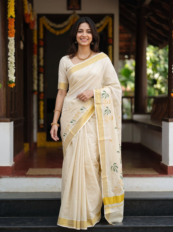 A woman wearing a cream-colored cotton saree with yellow borders and green floral motifs, standing in front of a traditional wooden doorway decorated with garlands.