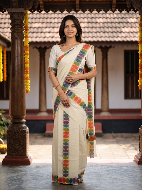 A woman wearing a cream-colored saree with colorful circular border patterns, standing in a traditional courtyard with wooden pillars and tiled roofs.