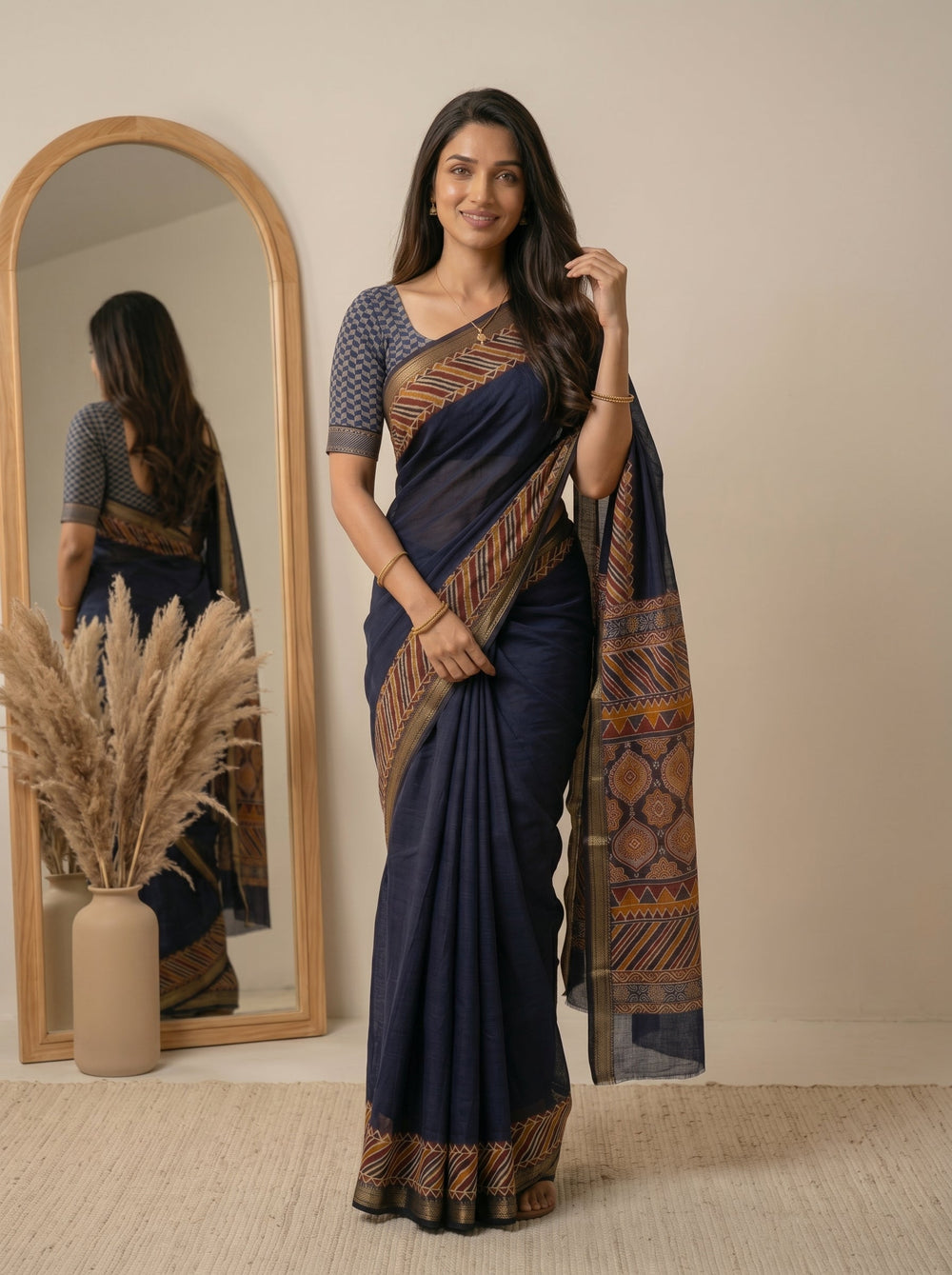 Woman wearing a navy blue saree with a patterned border, standing in front of a mirror.