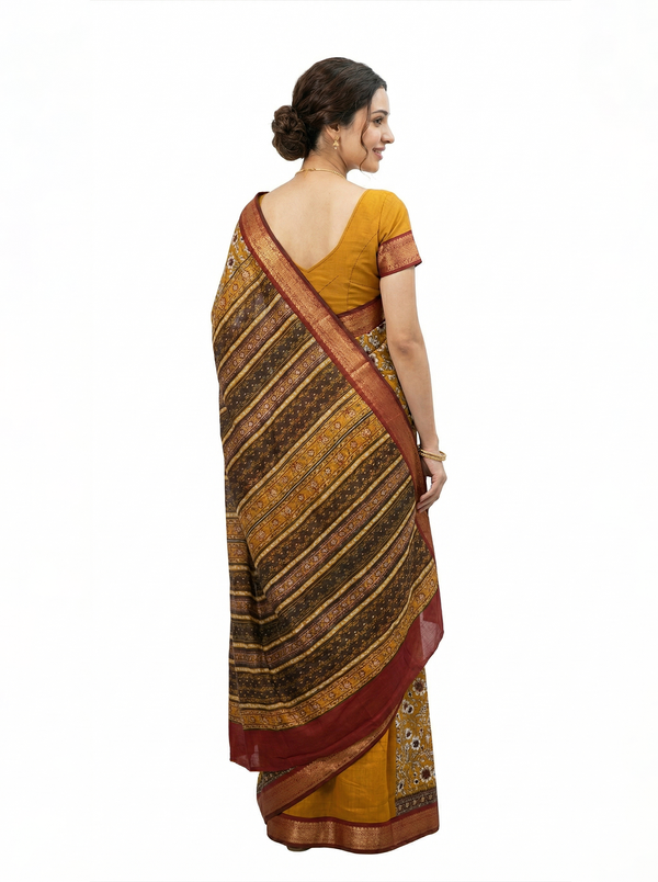 Chanderi Mustard Yellow Floral Printed Saree