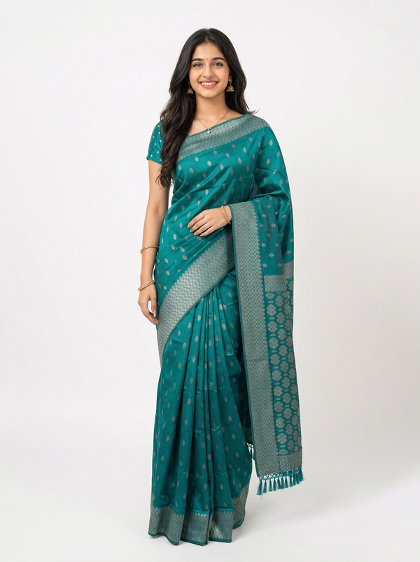 Semi Silk Teal Blue Zari Butta Saree with Geometric Pallu