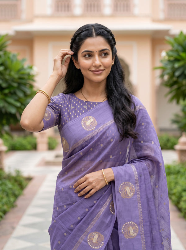 Chanderi Purple Peacock Medallion Floral Paisley Pallu Saree