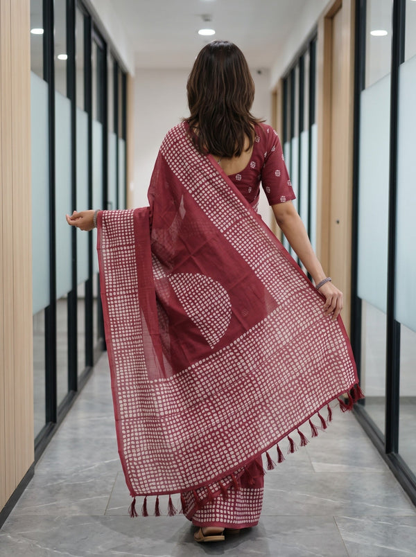 Cotton Maroon White Polka Dot Print Saree