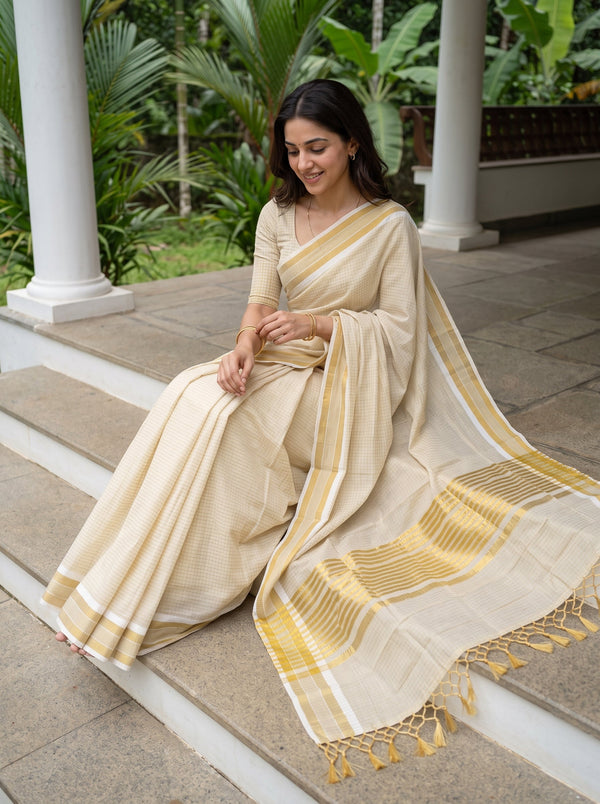 Tissue Cream Checkered Golden Zari Border Kerala Saree with Tassels