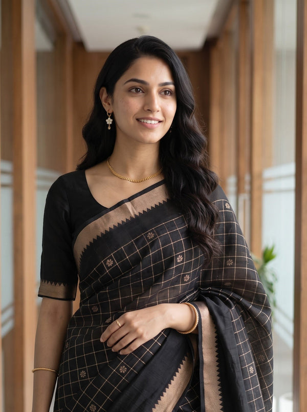 Chanderi Cotton Black Check Weave Saree with Silver Zari Striped Pallu