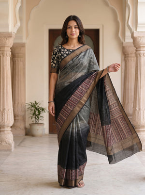 Pure Chanderi Black Olive Tribal Zigzag Print Chevron Border Saree