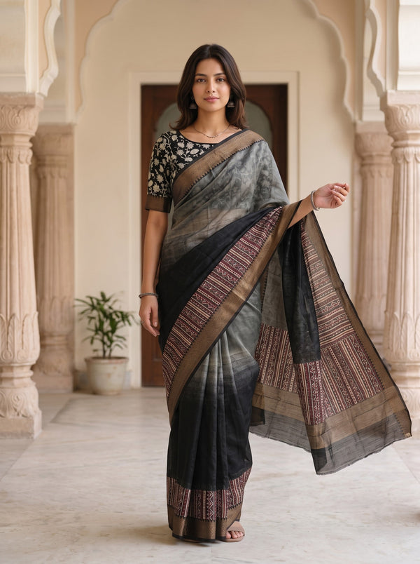Pure Chanderi Black Olive Tribal Zigzag Print Chevron Border Saree